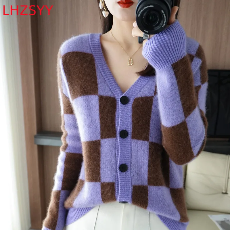 

LHZSYY New 100%Pure Wool Cashmere Cardigan Women's V-Neck Colorblock Coat Autumn Winter Korean Loose Shirts Thick Female Jackets