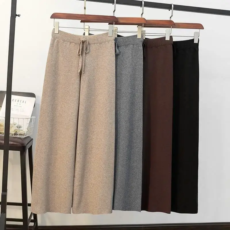 

Autumn Women's Pants Elastic Waist Oversize Knit Wide Leg Pants Solid Loose Casual Korean Straight Trousers for Women X136