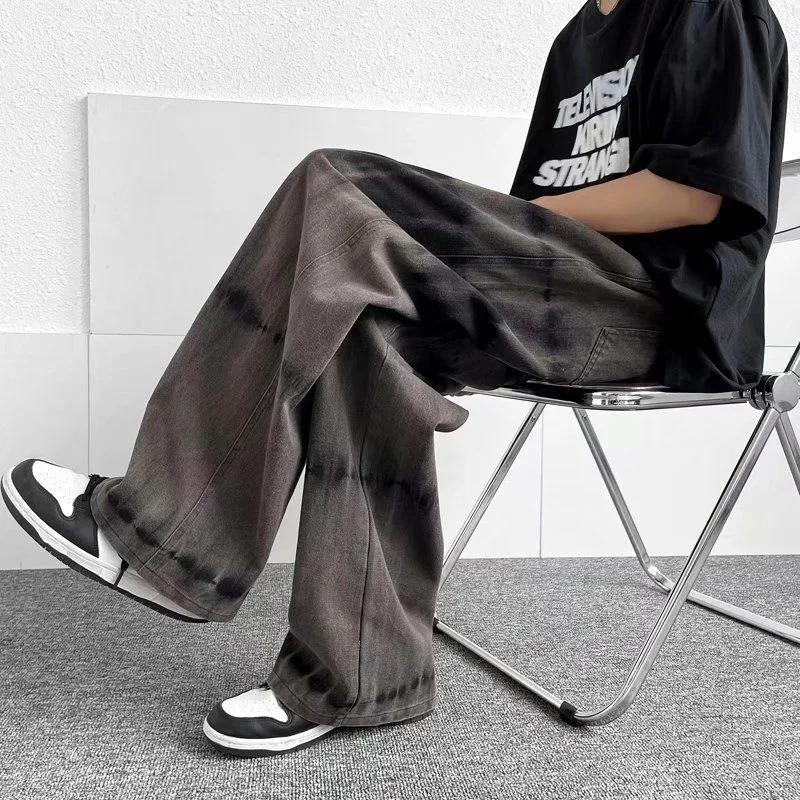 Grey Tie Dye Baggy Jeans Men Fashion Retro Casual Wide Leg Jeans Mens Japanese Streetwear Hip Hop Loose Denim Pants Men Trousers