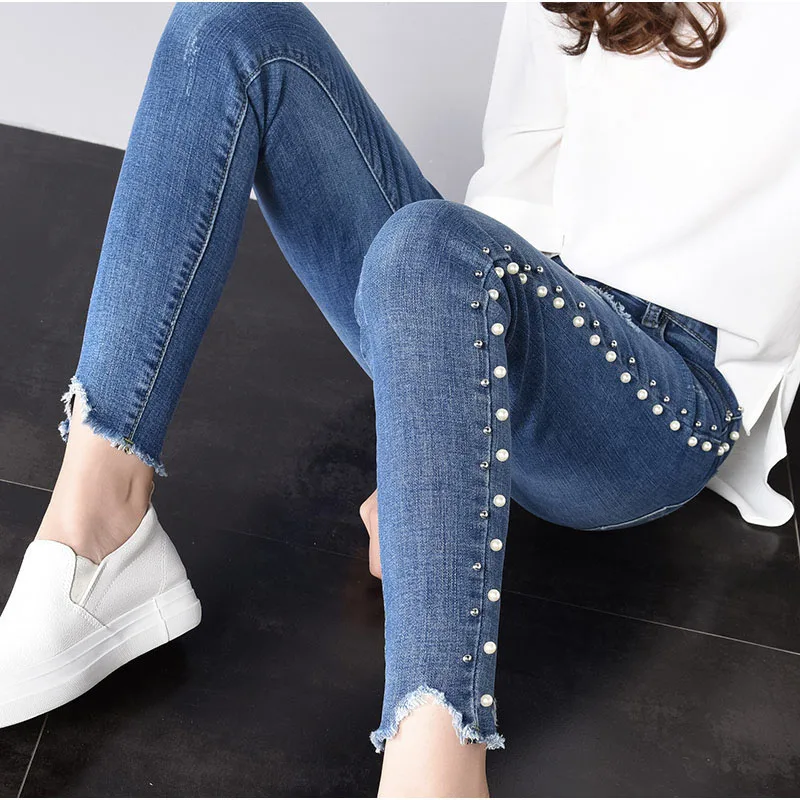 

Designer Side Pearl Beading Ripped Skinny Capris Jeans Mom XS Light Blue Sexy Stretchy Skinny Ankle Length Denim Pencil Pants