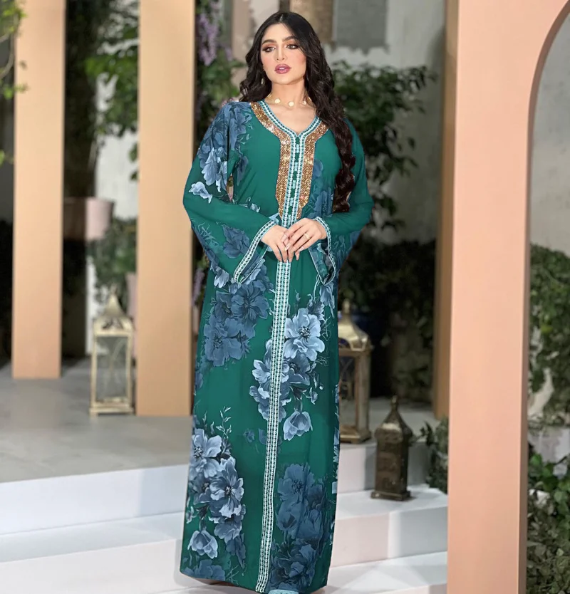 Muslim Elegant Summer Women Long Sleeve V-neck Polyester Green Purple Blue Long Abaya Maxi Dress Muslim Fashion Dresses