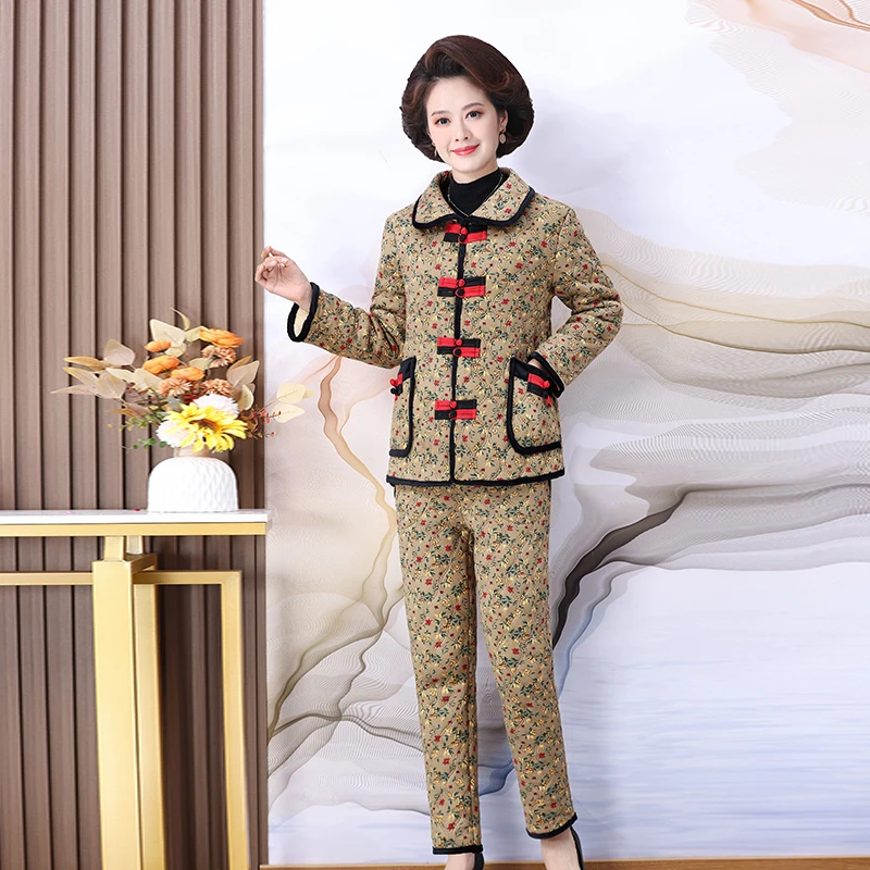 Winter Middle Aged Women Cosy Floral Quitted Top And Pant 2 Pieces Suit Sets Khaki Blue Yellow Thicken Warm Sleep+Lounge Twinset