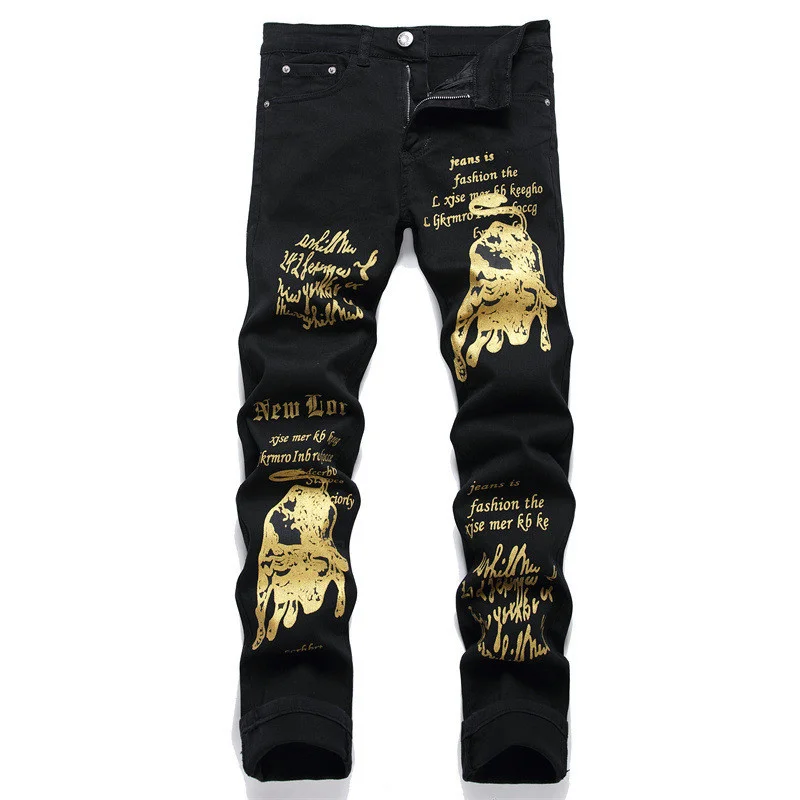 

Fashion Mens Printed Jeans Pants Cow Coated Denim Trousers Slim Fit Stretchy Bottoms Black