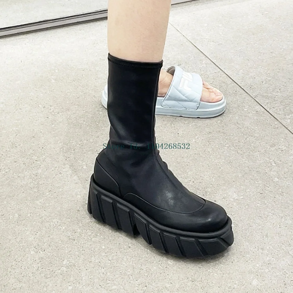 Эластичные ботинки из натуральной кожи на толстом каблуке сексуальные