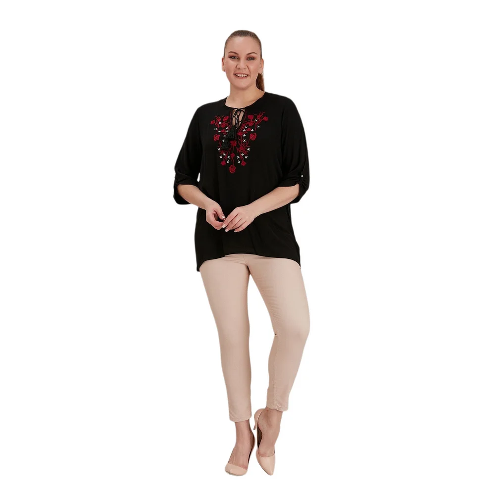 Fierte Women Plus Size Blouse Rg4312 Round Lacing Collar Embroidery Detail Folding Sleeve Summer Casual Black Green Indigo