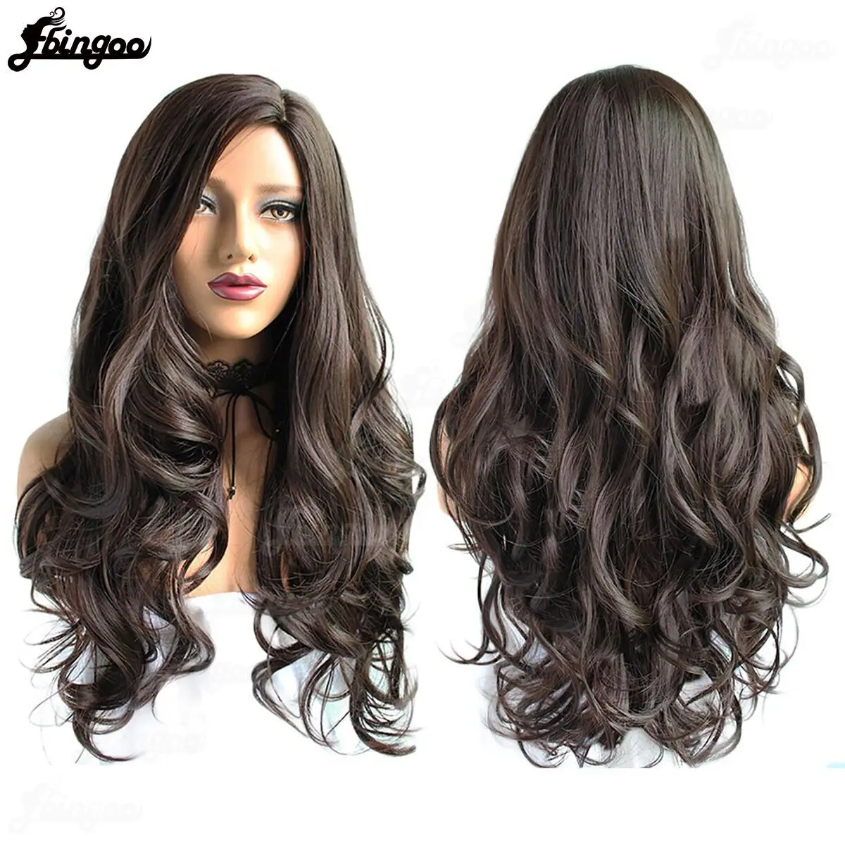 Ebingoo Synthetic Wig Side Part High Temperature Fiber Wig Long Body Wave Hair Wigs #2 Dark Brown Machine Made Wigs for Women