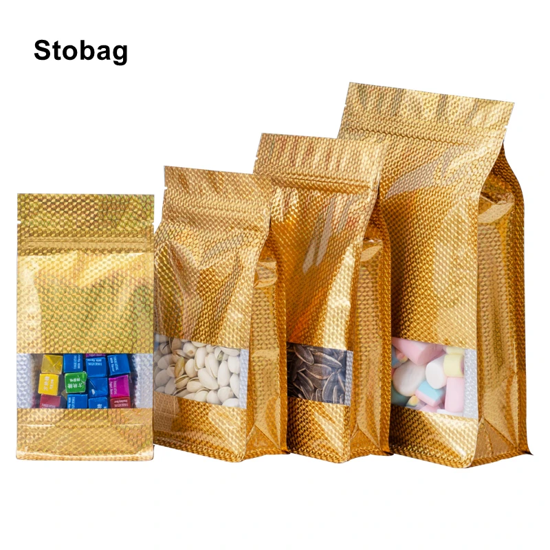 

StoBag 50pcs Golden Laser Film Food Packaging Ziplock Bag With Window Sealed Storage Candy Beans Tea Nuts Favors Party Wholesale