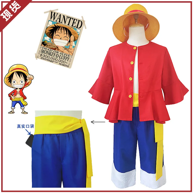 

Anime ONE PIECE Monkey D Luffy Cosplay Costumes Red Shirt Short Blue Pant Hat Halloween Christmas parties Fancy suit