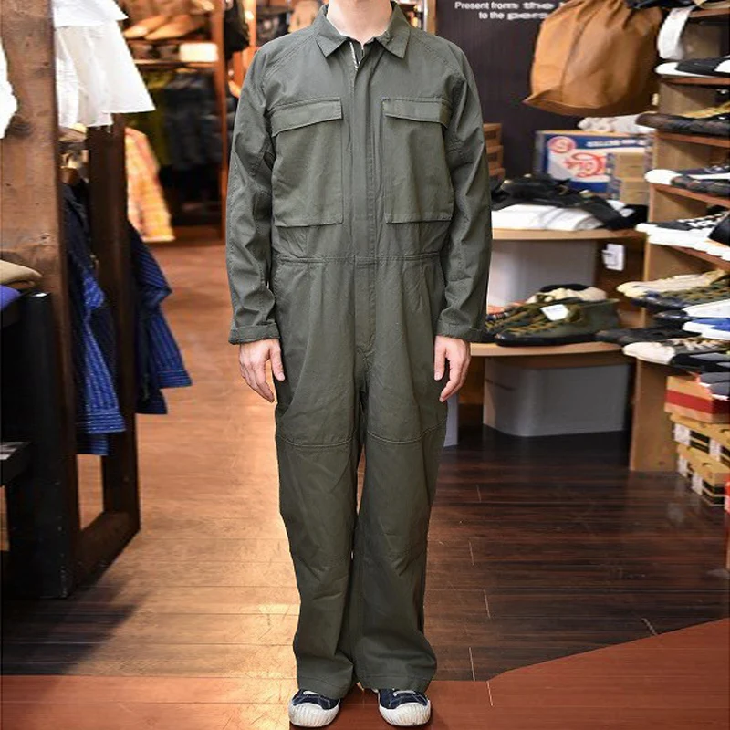 YUSONG Homemade Army Green Workwear Jumpsuit Herringbone Cotton Loose Large Size Unisex Jumpsuit Long Sleeve Straight Pants