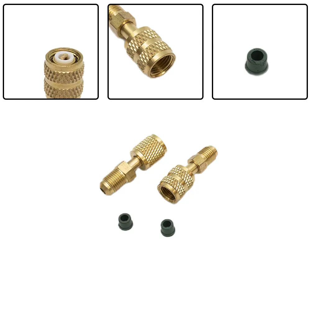 

High Quality New Durable AC Refrigerant Adapter 1/4\" 2Pcs Set 5/16\" Brass For R410 R32 R22 Gold SAE Male Female