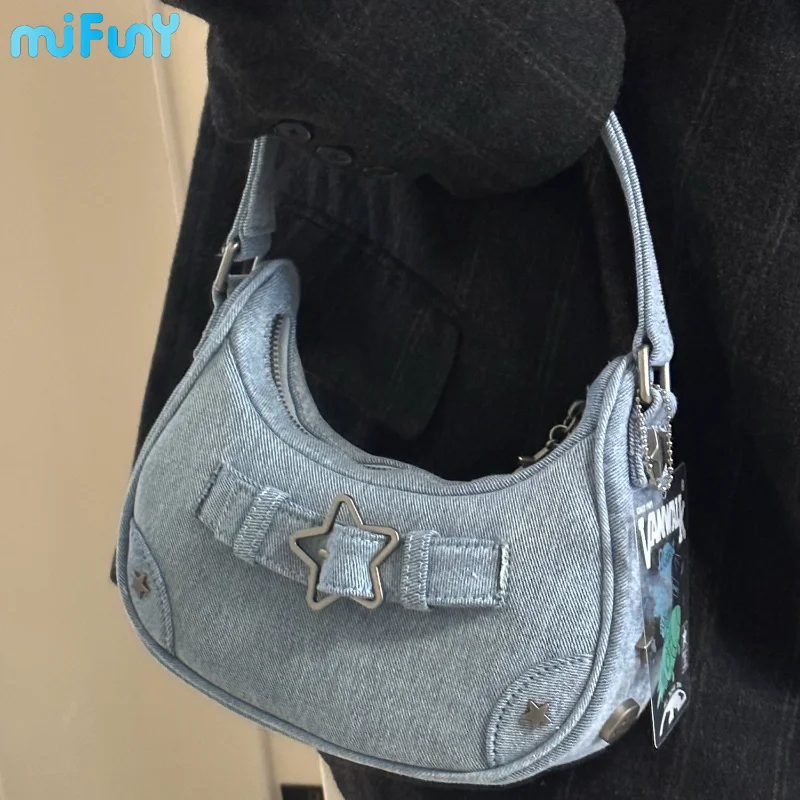 

Милая джинсовая сумка Mifuny на плечо со звездами, сумка-тоут для подмышек, крутая Y2K, винтажная джинсовая женская сумка с заклепками, сумка-тоут, кошельки, дамские сумочки