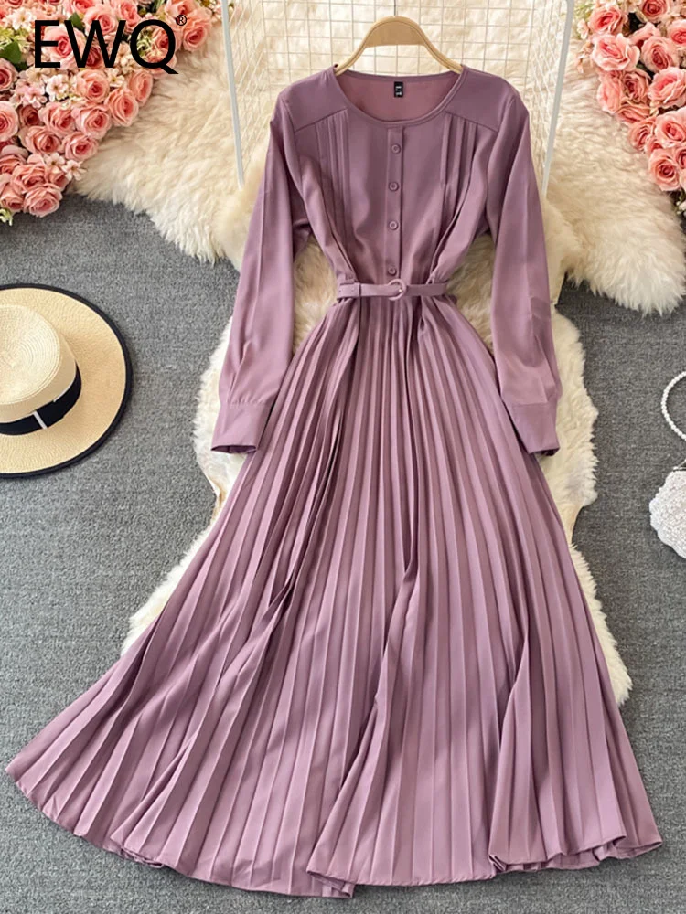 

EWQ Solid Color Casual Pleated With Belt Women's Dress Long-sleeve O-neck High Waist A-line 2023 Summer New Dresses 27SN2450