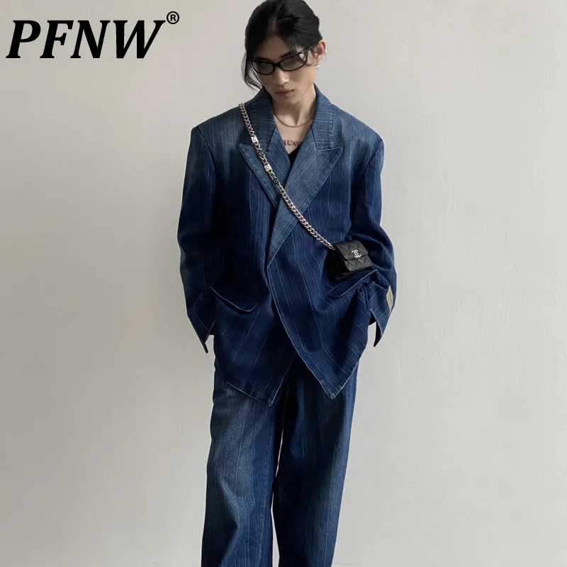 

PFNW Washing Stripe Loose Jeans Suit Jackets Niche Designed Minority Single Button Solid Denim Coats Autumn Tide Tops 12A5446