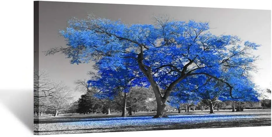 

Arts Canvas Prints Blue Tree Painting Contemporary Black and White Fall Landscape Pictures Modern Giclee Stretched and Framed