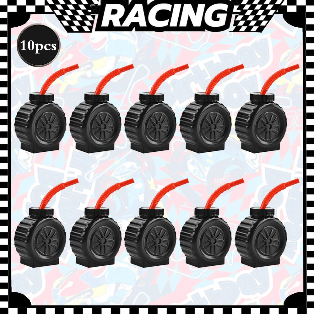 

Черные чашки в форме шин для гоночной вечеринки, пластиковые чашки для гоночных автомобилей с красной соломинкой для детей, дорожные автомобильные принадлежности для украшения дня рождения