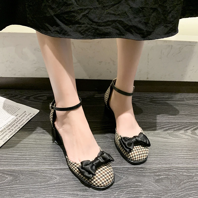

Plaid Women's Sandals Bowknot Thick Heel Lattice Design Female Pumps Summer 2022 New Leisure Outside Ladies Mary Jane Shoes