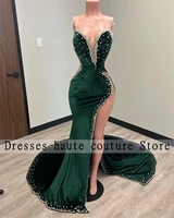 sexy dark green side split mermaid prom dress 2022 for black girl crystal african birthday party gowns wedding guest robe de bal