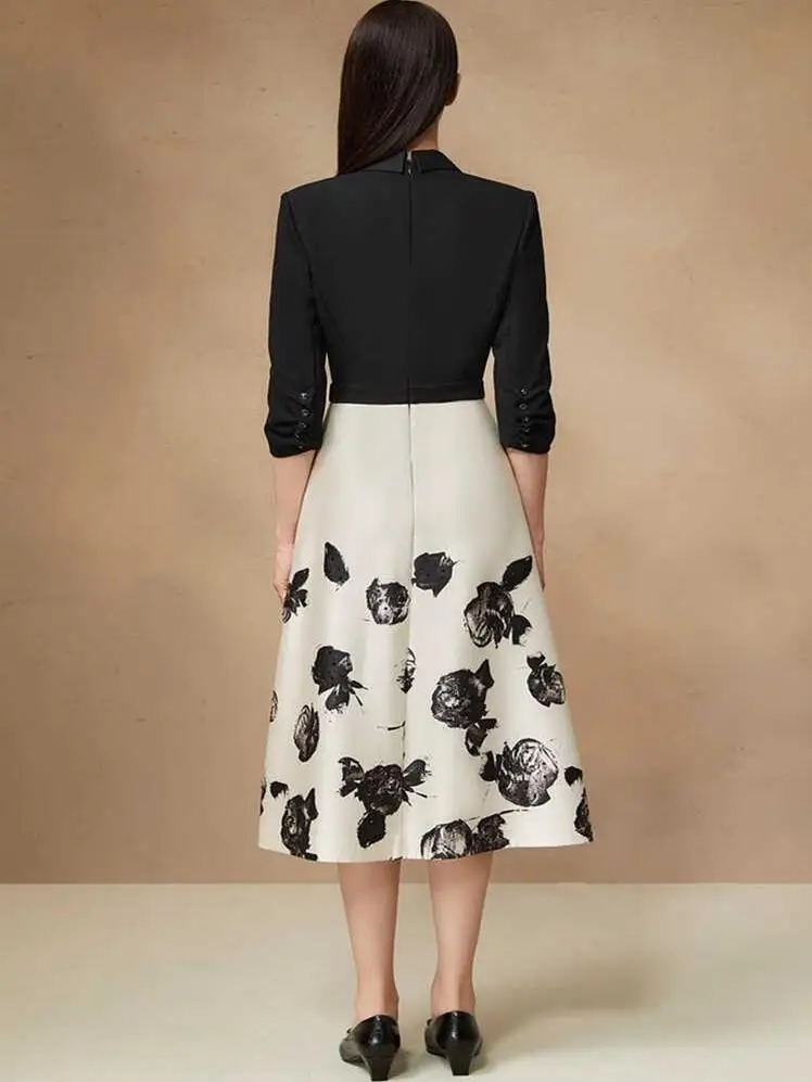 Song 2024 зимнее новое черно-белое платье с принтом роз и художественным