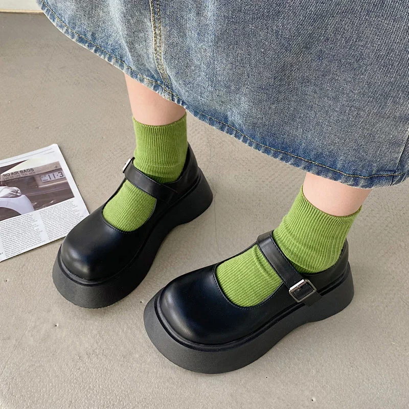 

Shoes Lolita Women Mary Janes Shoes Round Toe Flat on Platform Shoes Girls Student Thick Sole Leather Princess Shoes Wihte