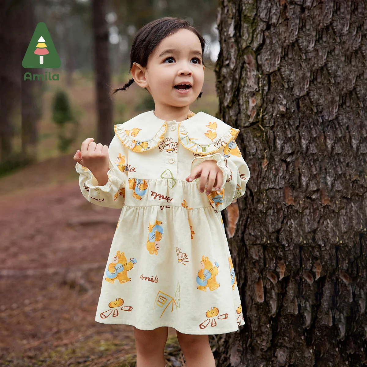 

Amila Children's Clothing 2023 New Autumn Cute Cotton Corduroy Large Lapel Windproof And Warm Insulation Dress Girls Baby