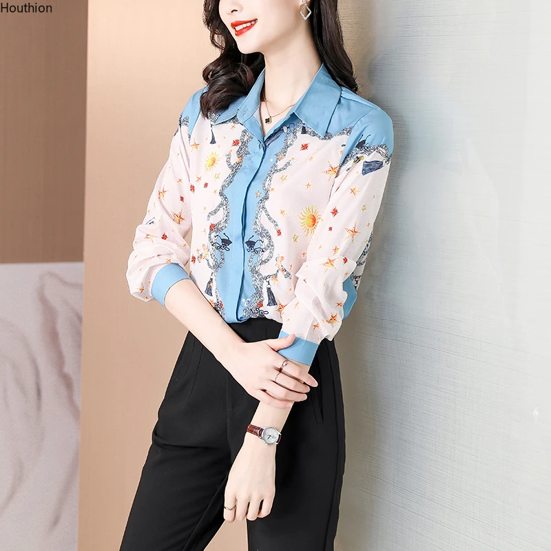 

Chiffon Women's Blouse New Print Polo Shirt Summer Korea Fashion Casual Long Sleeve Top Houthion