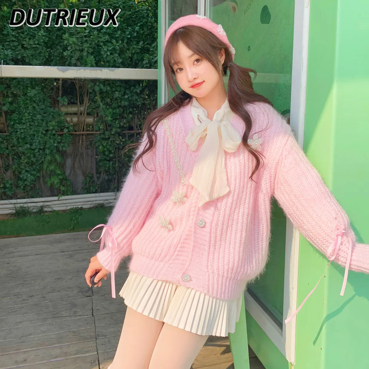 

2023 Autumn and Winter New Women's Korean Style Student Sweet All-Matching Knitted Cardigan Coat Long Sleeve Pink Sweater