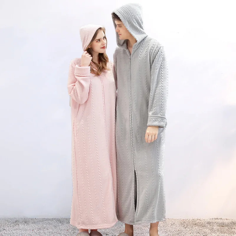 Autumn Winter Zipper Bathrobe Hooded Robe Couple Thickened Pajamas Facecloth Women Men Long Comfortable Nightgown Homewear