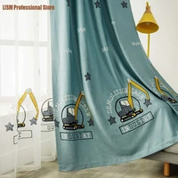 curtain for living room construction truck kids boy excavator embroidered cartoon blue engineer machinery car nursery drapes