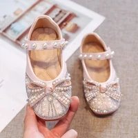 girls princess shoes 2022 new spring pink bowknot pearl flats childrens leather shoes autumn baby beige single shoes