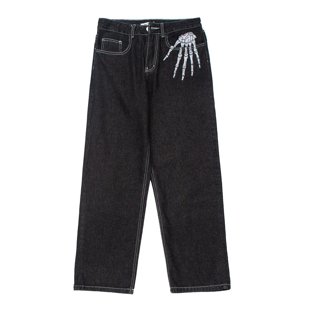

2021 темная уличная одежда с вышивкой скелета Панк черные мужские повседневные Широкие джинсовые брюки капри в стиле хип-хоп