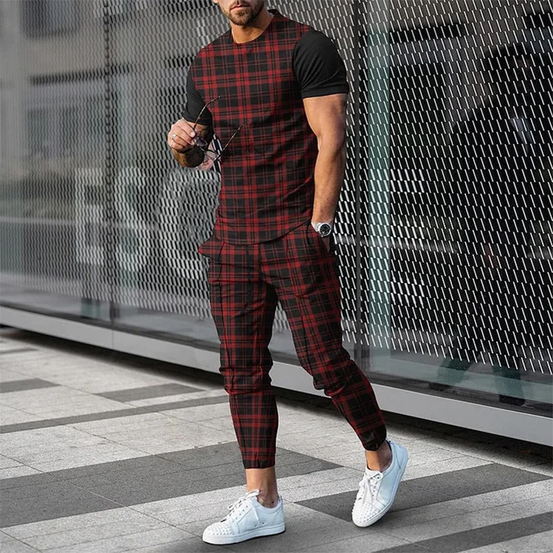 

Pant Set Summer Man Short Sleeve T-Shirt 2 Piece Tracksuit Outfit Red Lattice Print Retro Street Sports Suit Jogger Clothing