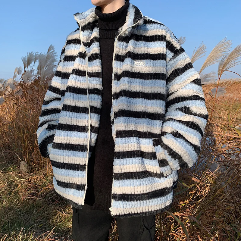 Winter Jacket Men Warm Fashion Plush Thick Stripe Jacket Men Streetwear Korean Loose Thicken Short Coat Mens Parker Clothes