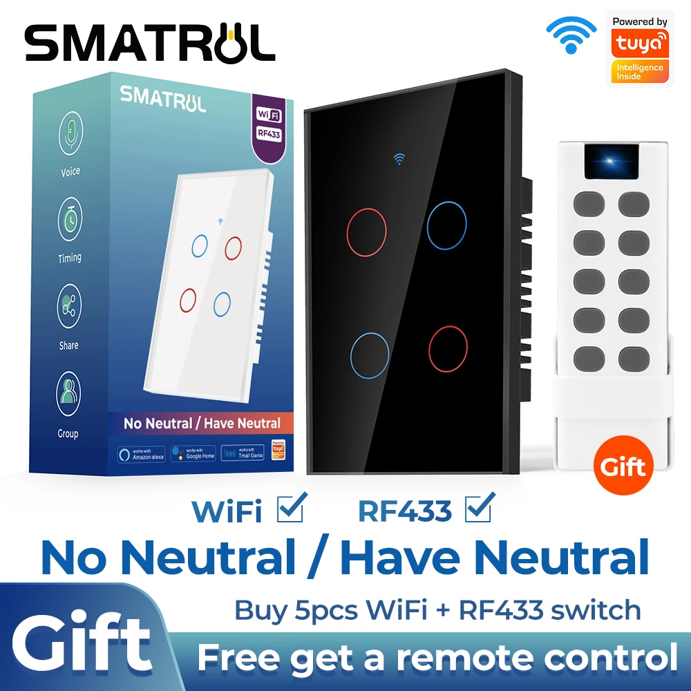 SMATRUL Tuya Wifi Smart Touch Switch Light No Neutral Wire 110V 220V 1/2/3/4Gang US 433RF Remote On Off For Alexa Google Home - купить по