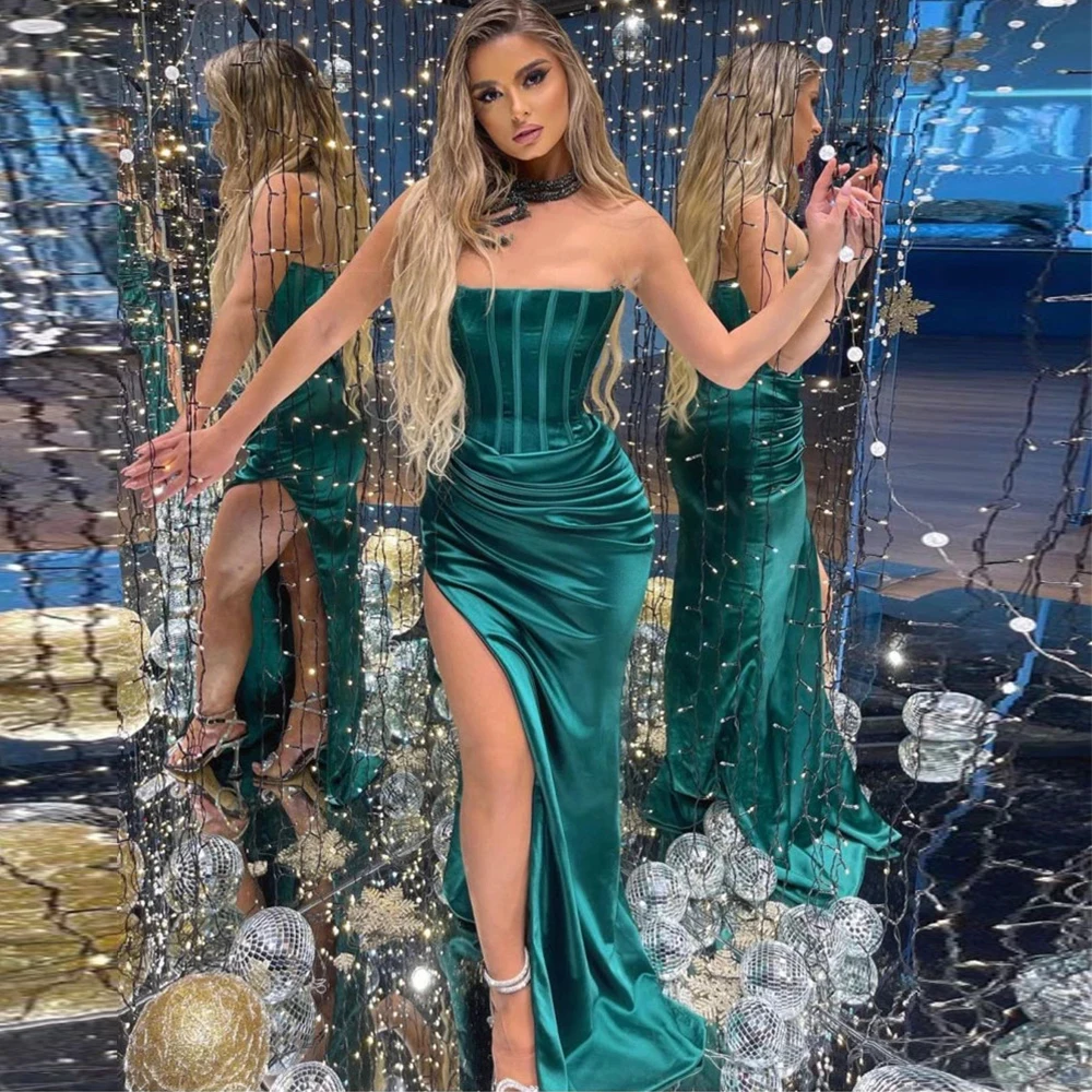 

Sexy Emerald Green Evening Dresses Strapless Slit Sheath Exposed Boning 2022 Women Satin Prom Gowns 2023 Vestido De Noche فساتين