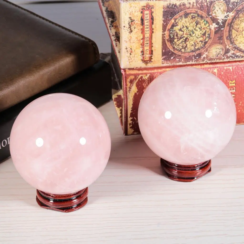 60-65mm/65-70mm Natural Rose Quartz Crystal Ball With Wood Stand Healing Stone Sphere Sculpture For Room Desktop Decoration