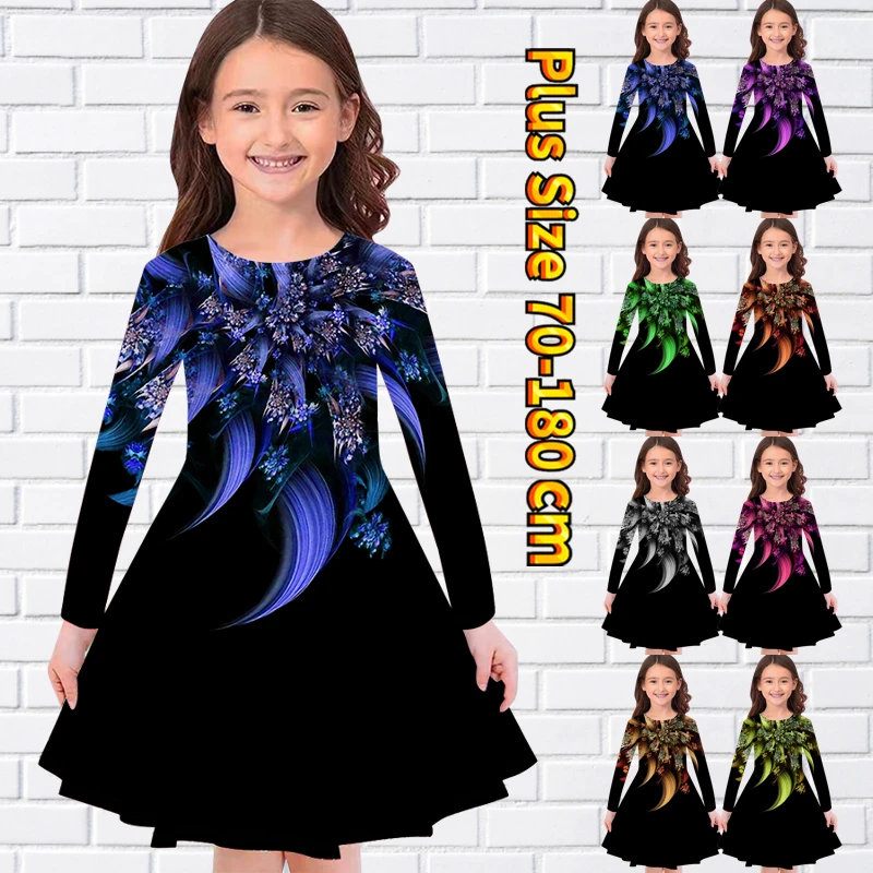 

Зима 2022, платье с круглым вырезом, юбка с длинным рукавом и принтом в стиле ретро для маленьких девочек, свободная Юбка До Колена, повседневная Юбка-миди оверсайз