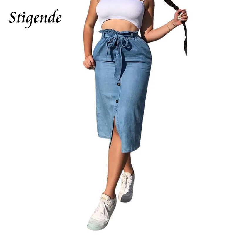 

Single Breasted Bodycon Knee Length Blue Skirt Women Bandage Ruched Split Midi Skirt Casual Slim Fit Pocket Denim Belt Skirts