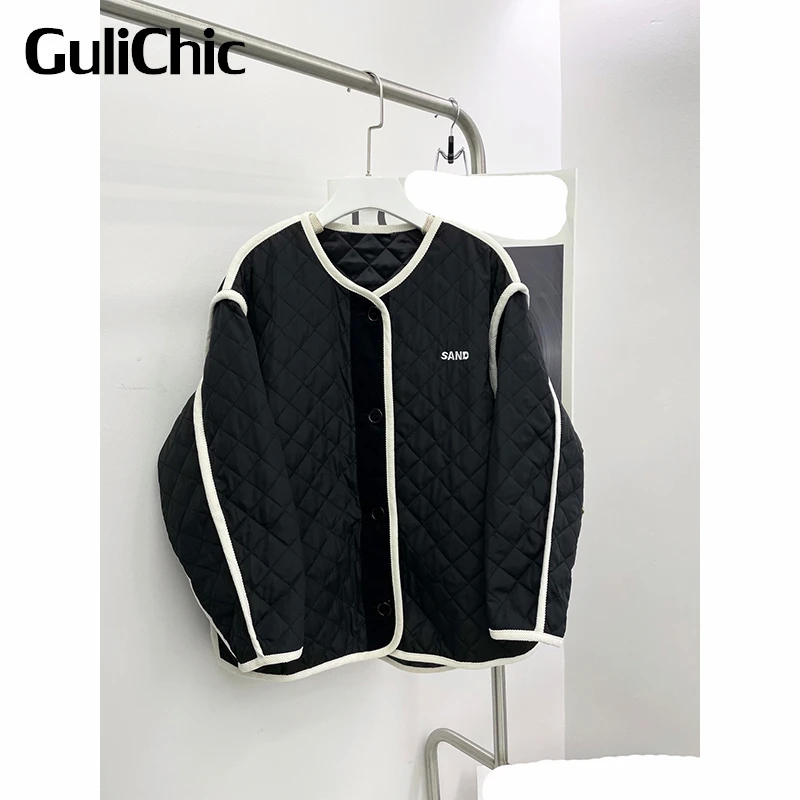 

3.4 GuliChic Round Neck Long Sleeve Contrast Color Letter Embroidery Loose Black Parka Women