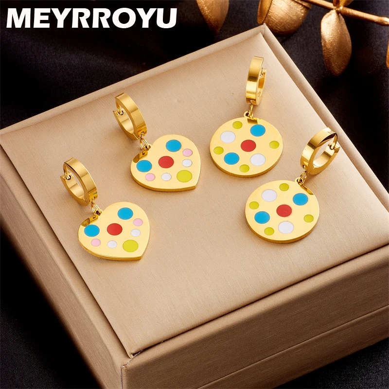 

MEYRROYU 316L Stainless Steel Fashion Vintage Pigment Tray Heart Round Pendant Drop Earrings For Women Jewelry Party Gift Brinco