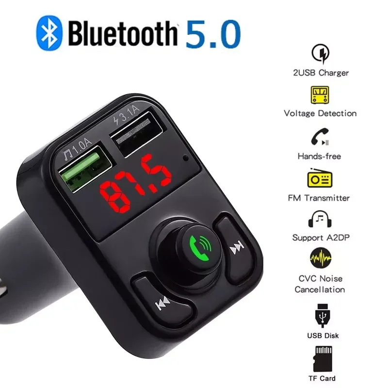 

Car FM Transmitter Wireless Blootooth 5.0 Handsfree Calling Dual USB Charge Support TF Card U Disk Play Voltage Detection Module