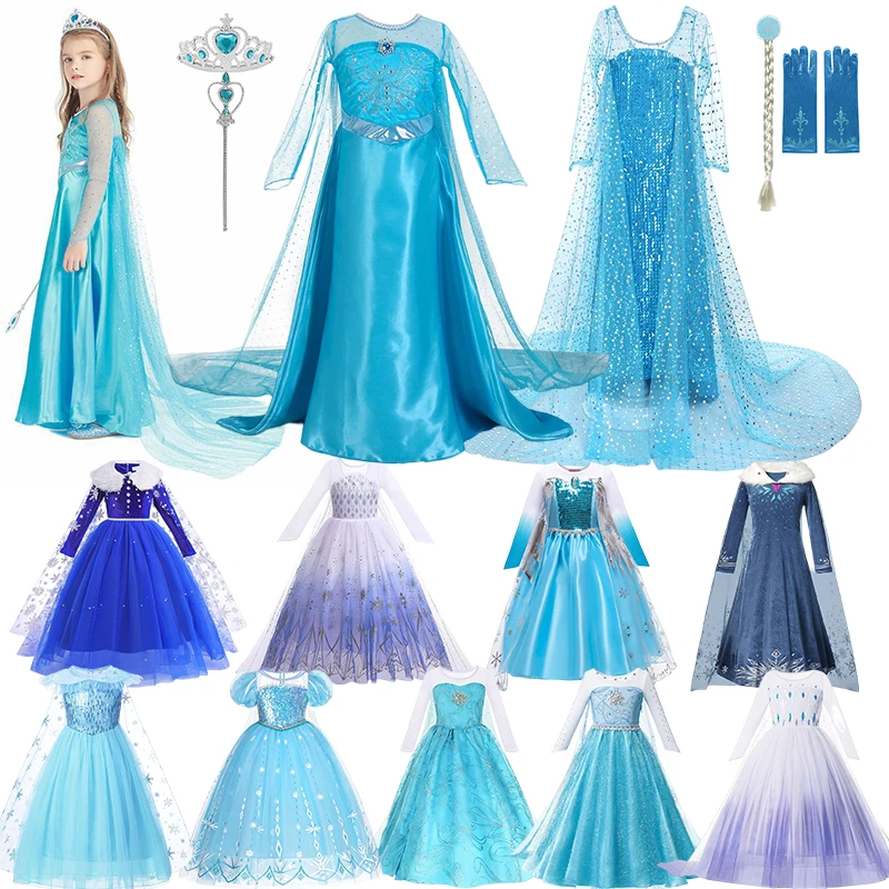Disney Girls Frozen Elsa Princess Dresses Kids Cosplay Snow Queen Carnival Party Mesh Clothing Children Birthday Outfit Costume