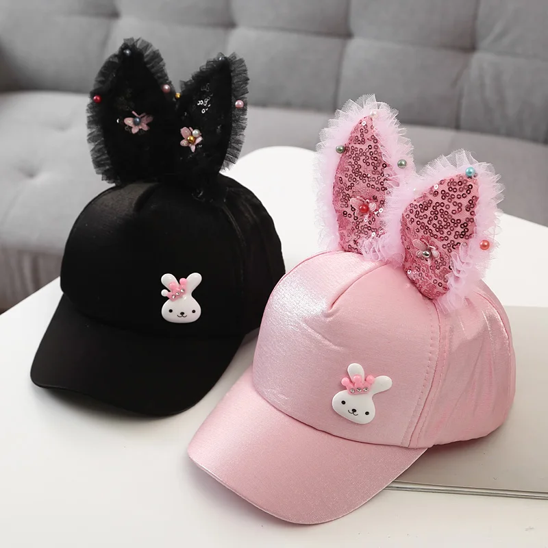 

Cute Baby Hat Spring Summer Baby Girl Baseball Cap Glitter Sequin Rabbit Ear Pearl Kids Hat Girls Sun Hats for Children