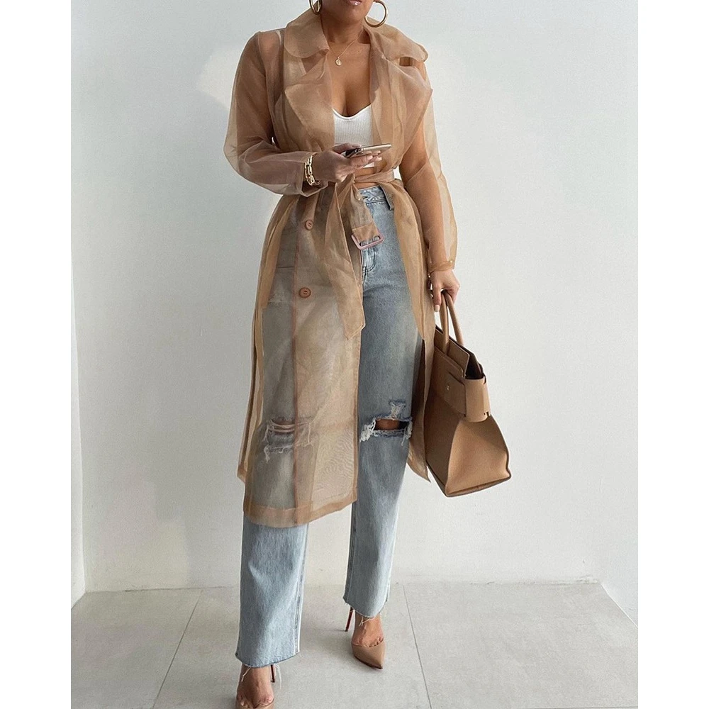 Casual Women Sheer Mesh Long Sleeve Blazer Coat With Belt Women Single Breasted Nothched Collar Coat Spring Outfits Outwear