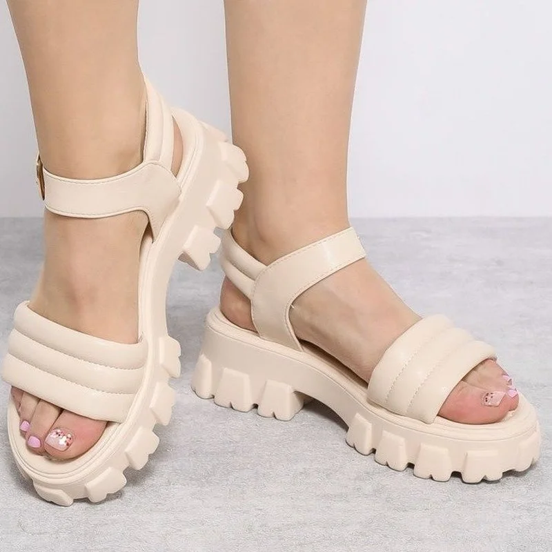 

2022 Summer Women Flat Sandals Buckle Strap Black White Platform Women Summer Shoes 2022 New Thick-sole Ladies Shoes