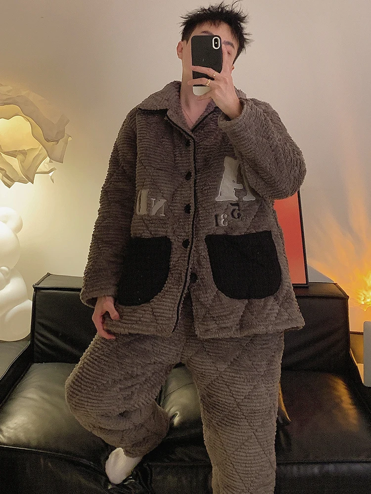 Мужские пижамы из кораллового флиса осенне-зимние утолщенные трехслойные