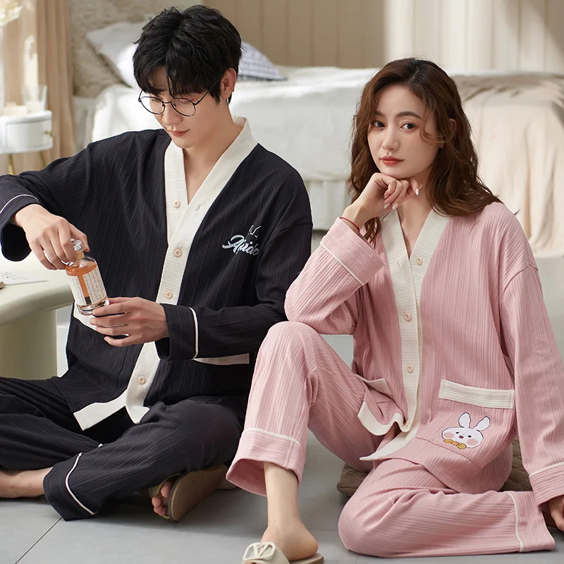 Kimono Cotton Men Home Suit Autumn Long Sleep Tops Women Pajamas Set Pjs Couple Pijamas Suit Male Female Homewear Freeshipping