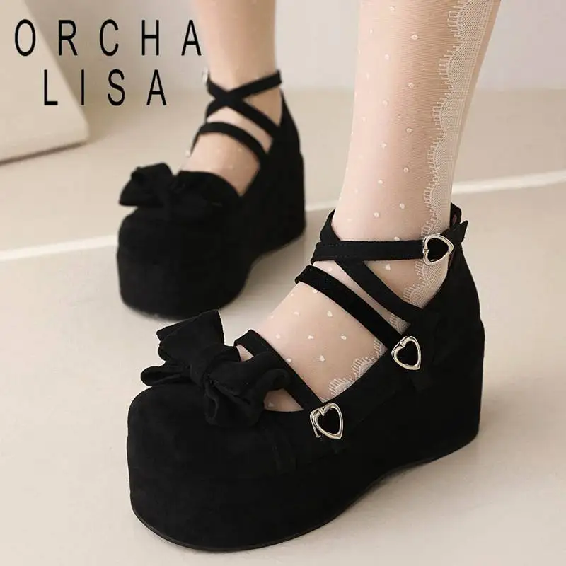 

ORCHA LISA Lady Pumps Round Toe Wedges Flock Suede Platform Hill 4.5cm Crossover Buckle Strap Bowknot Sweet Daily Big Size 45 46