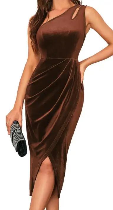 

Womens Sexy One Shoulder Cutout Bodycon Ruched Dress Elegant Velvet Asymmetrical Silt Cocktail Party Midi Dress