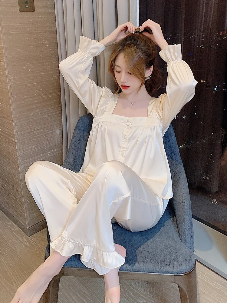 Ladies Pajamas Long-sleeved Two-piece Suit Ice Silk Thin Section  Sleep Tops Two Piece Set Summer Sexy Nightwear