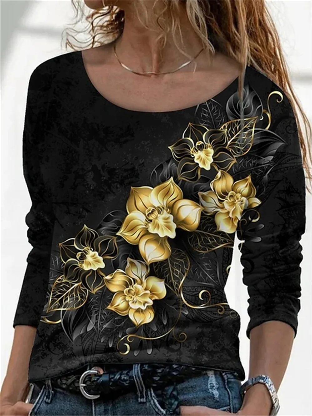 

Women Tshirt Flower 3D Printed Elegant Long-Sleeved Splicing Contrasting Fall Spring Everyday Street Trend O Neck Trend Pullover